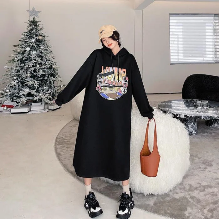 NiDELL Korean Loose Sweatshirt Skirt with Pockets Winter Fleece-Lined Korean Style T-shirt Long Dress Split Hooded Dress Double Hood Tide