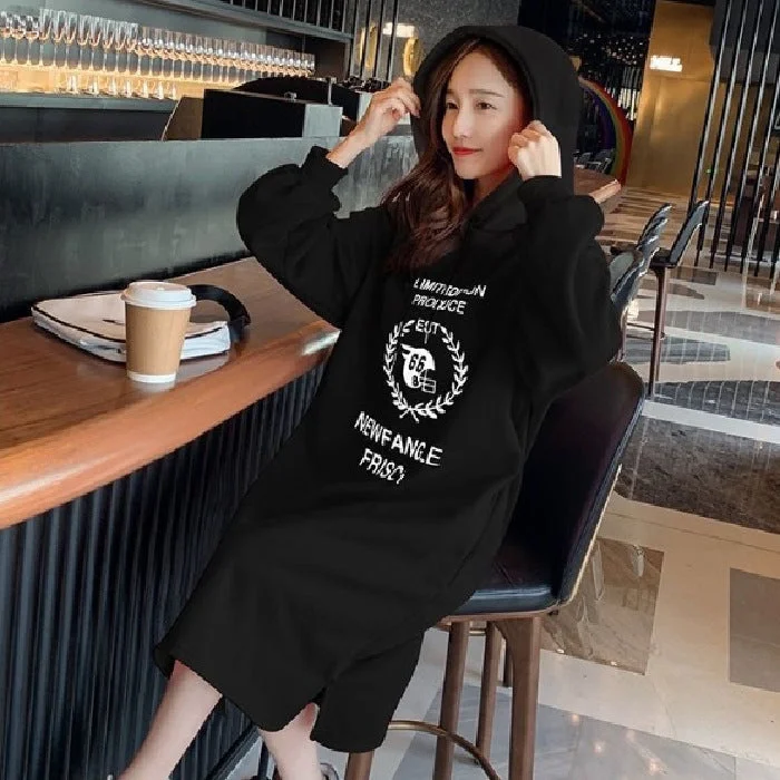 NiDELL Korean New Winter Hooded Fleece Lined Sweater T-shirt Skirt Mid-Length Loose over Knee Dress with Pockets Women's Fashion