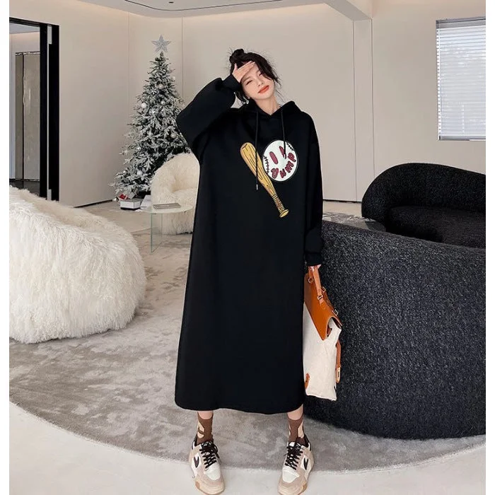 NiDELL Korean Plump Girls with Pockets Winter Fleece-Lined Korean Style Sweater Dress Split Hooded Dress Double Hood T-shirt Long Dress