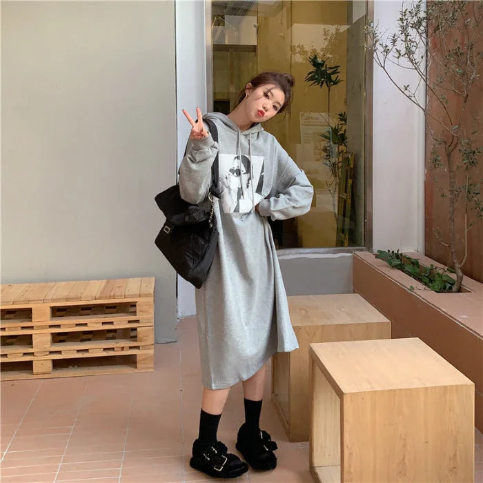 NiDELL Korean Style New Large Size Loose Autumn and Winter Fleece-Lined Thickened Korean Style Sweater Dress Split Hooded Dress Double Hood