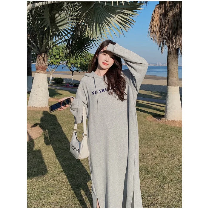 NiDELL Korean Style New Style with Pockets Autumn and Winter Fleece-Lined Thickened Korean Style Loose Long Dress Split Hooded Sweater Dress