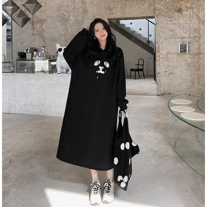 NiDELL Korean Style Pullover Dress Long with Pockets Winter plus Velvet Thick Loose plus Size Floral Print Slit Hooded Dress Double Hood