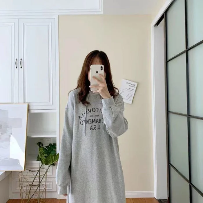 NiDELL Korean Style Sweater with Velvet Pockets Winter Fleece Printed Simple Overknee Dress Split Hooded Dress Double Hood