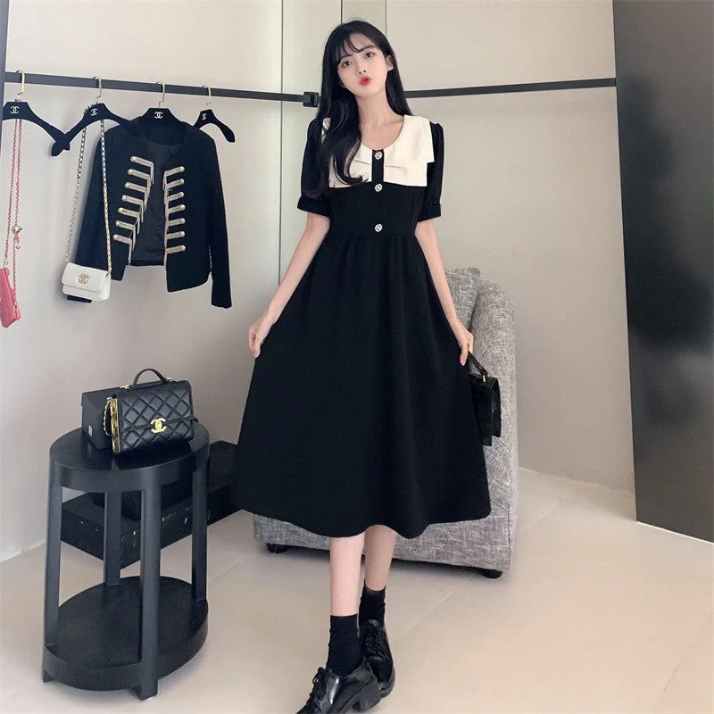 NiDELL Large Size Women's Clothing Slightly Oversized Girls French Retro High-Grade Tea Break Hepburn Style Temperament Waist-Controlled Skimming Small Black Dress Long Dress