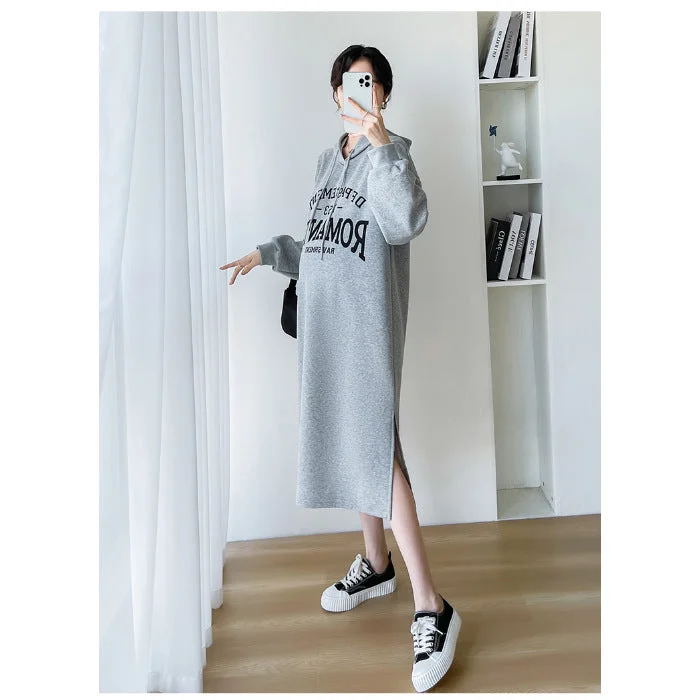 NiDELL Letter Hooded Long Sweater Skirt Women's Autumn and Winter Velvet Padded plus Size Loose and Idle Mid-Length Dress Spring Fashion