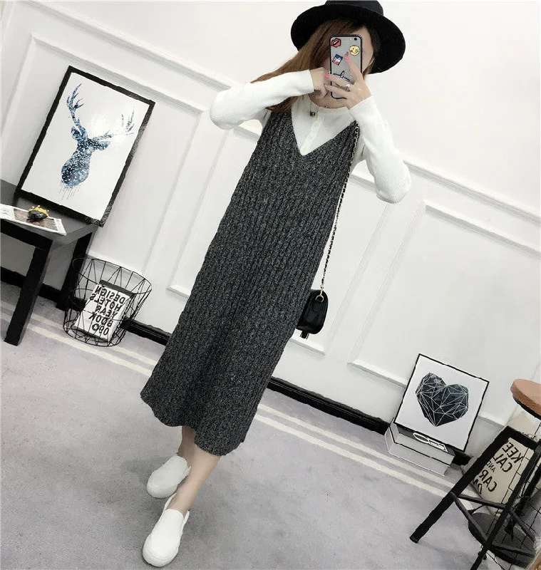 NiDELL . New Autumn Women's Clothing Mid-Length Sweater Bottoming Vest Loose Pullover Suspender Skirt Korean Fashion