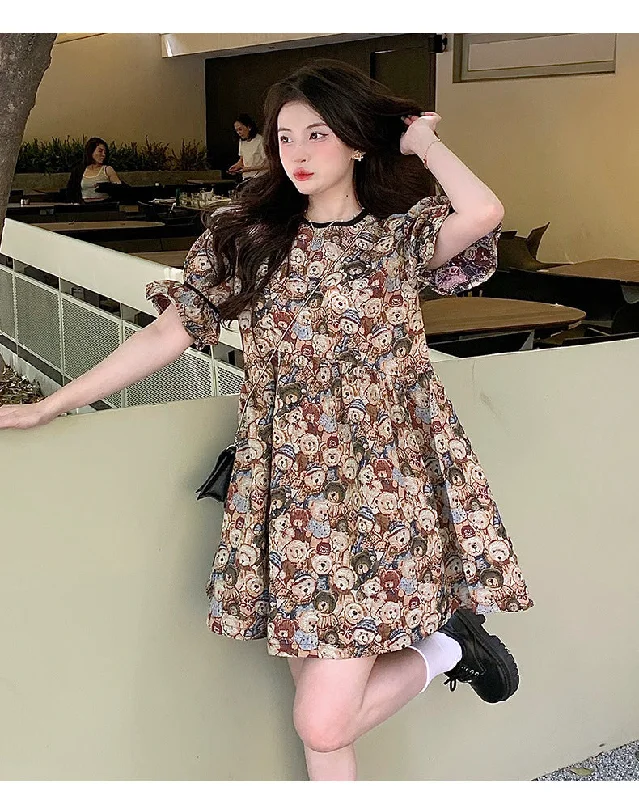 NiDELL Puff Sleeve Dress Women's Clothing Design Sense Niche . New Summer Retro Cute Bear Fashion Short Skirt