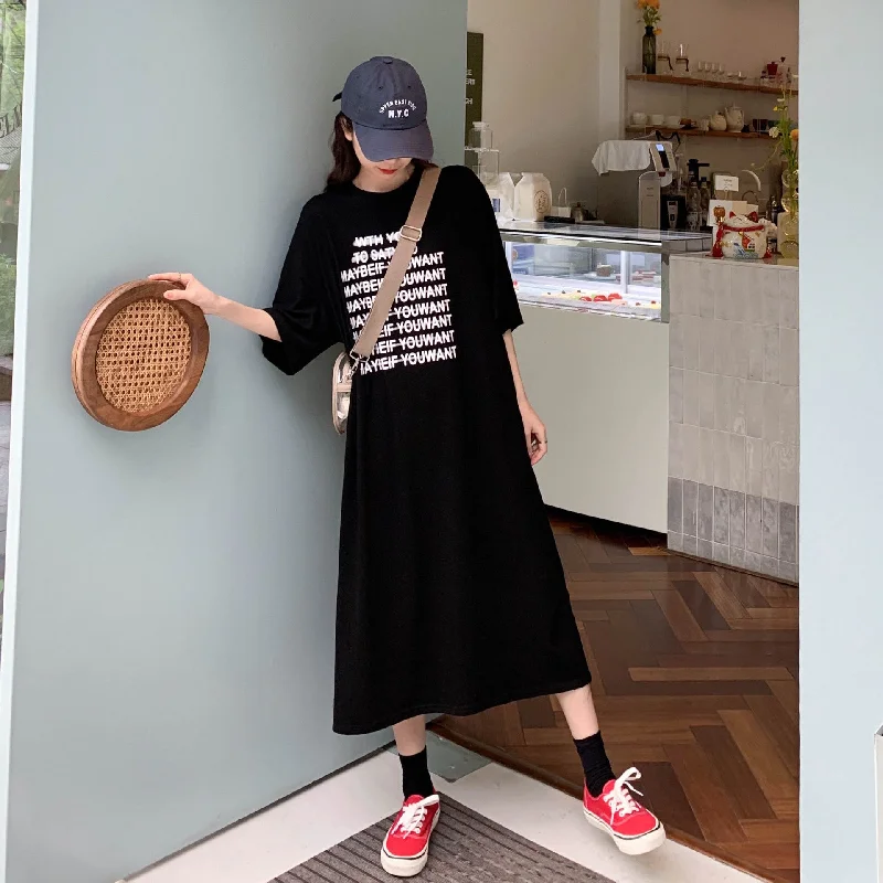 NiDELL Real Shot . Summer New Korean Style Letter Print Knee-Length Short-Sleeved T-shirt Skirt Women's round Neck Loose Dress