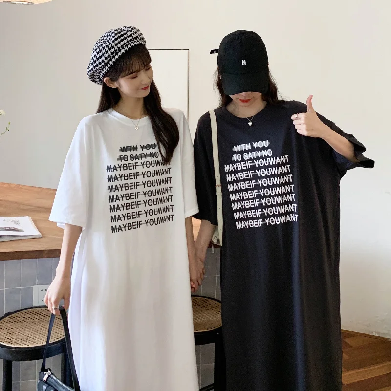 NiDELL Real Shot . Summer New Korean Style Letter Print Knee-Length Short-Sleeved T-shirt Skirt Women's round Neck Loose Dress