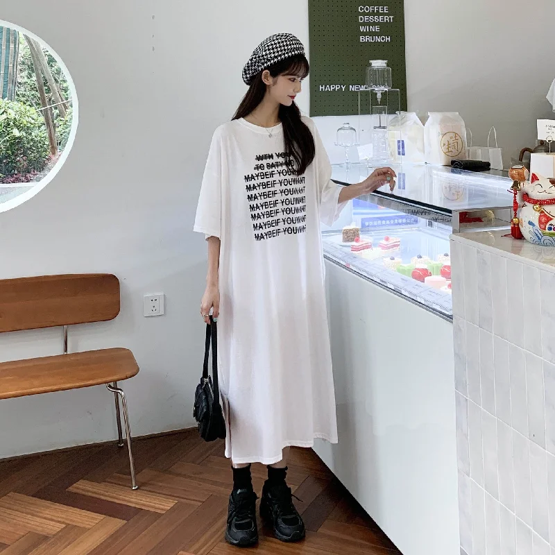 NiDELL Real Shot . Summer New Korean Style Letter Print Knee-Length Short-Sleeved T-shirt Skirt Women's round Neck Loose Dress