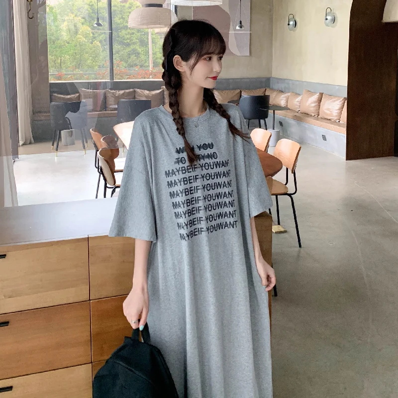 NiDELL Real Shot . Summer New Korean Style Letter Print Knee-Length Short-Sleeved T-shirt Skirt Women's round Neck Loose Dress