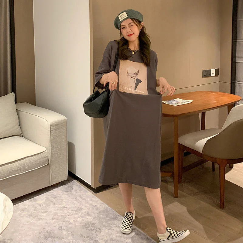 NiDELL Retro Plump Girls Loose Long T-shirt Skirt Slit Hemline at Hem Dress . Summer Korean Style Women's Clothing Hong Kong Style Top