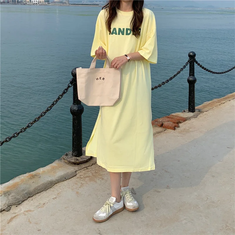 NiDELL Slit Hemline at Hem Dress . Summer New Korean Style Letter Print Loose-Fitting Mid-Length Dress Short Sleeve T-shirt Skirt Women