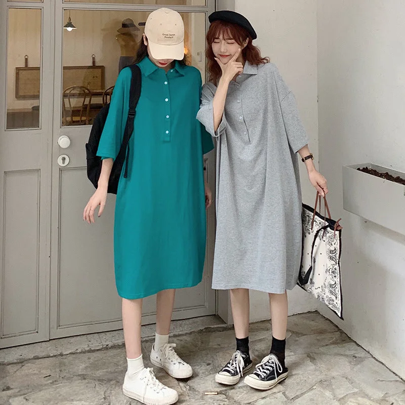 NiDELL Solid Color Retro French Style Design Niche Polo Lapel Half-Length Sleeve Dress . Spring and Summer New T-shirt Skirt