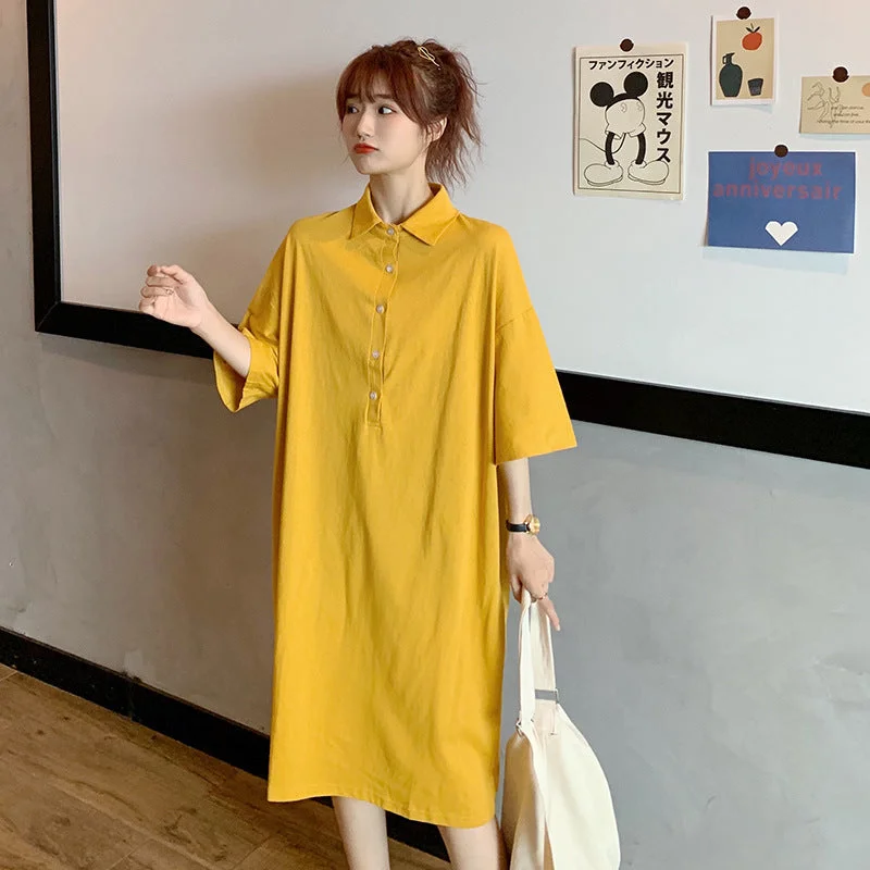 NiDELL Solid Color Retro French Style Design Niche Polo Lapel Half-Length Sleeve Dress . Spring and Summer New T-shirt Skirt