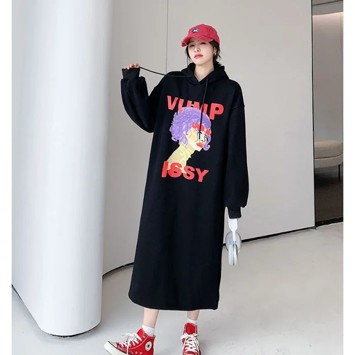 NiDELL Spring, Autumn and Winter Fleece-Lined Long-Sleeved Hooded Sweatshirt Skirt Women's Shirt plus Size Loose Long over the Knee Thin Dress