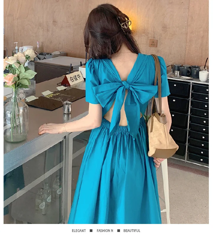 NiDELL Summer Backless Girlish Style Korean Style Puff Sleeve Dress Women's . New Break Skirt Back Hollow Bow