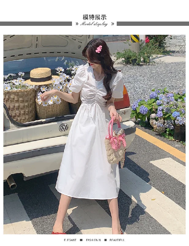 NiDELL Summer Backless Girlish Style Korean Style Puff Sleeve Dress Women's . New Break Skirt Back Hollow Bow