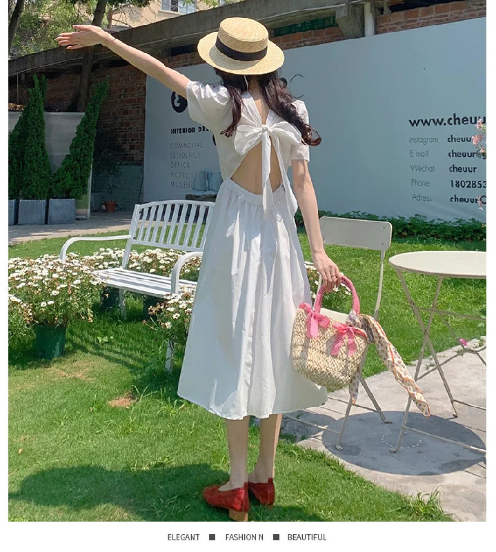 NiDELL Summer Backless Girlish Style Korean Style Puff Sleeve Dress Women's . New Break Skirt Back Hollow Bow