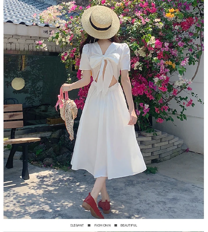 NiDELL Summer Backless Girlish Style Korean Style Puff Sleeve Dress Women's . New Break Skirt Back Hollow Bow