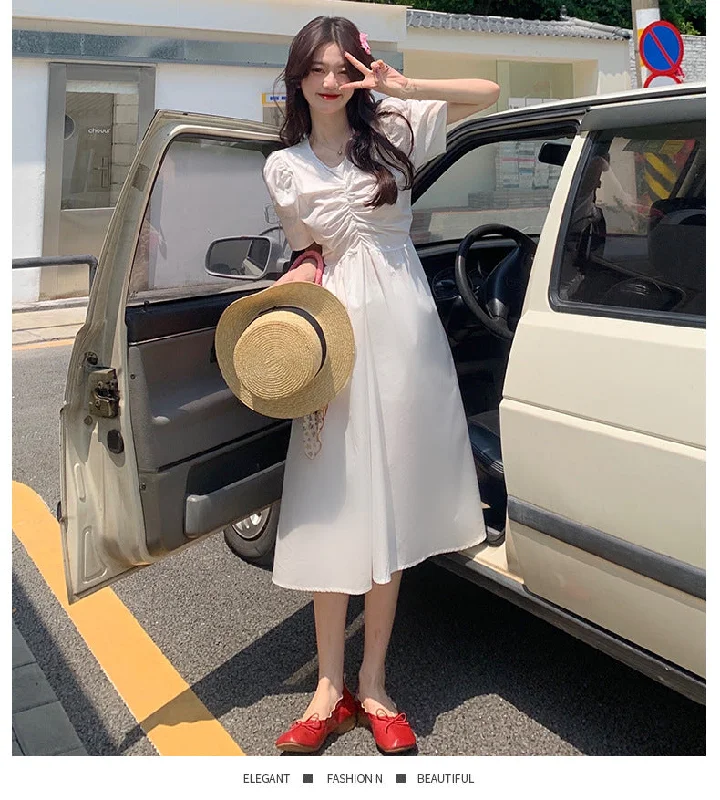 NiDELL Summer Backless Girlish Style Korean Style Puff Sleeve Dress Women's . New Break Skirt Back Hollow Bow