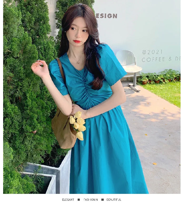 NiDELL Summer Backless Girlish Style Korean Style Puff Sleeve Dress Women's . New Break Skirt Back Hollow Bow