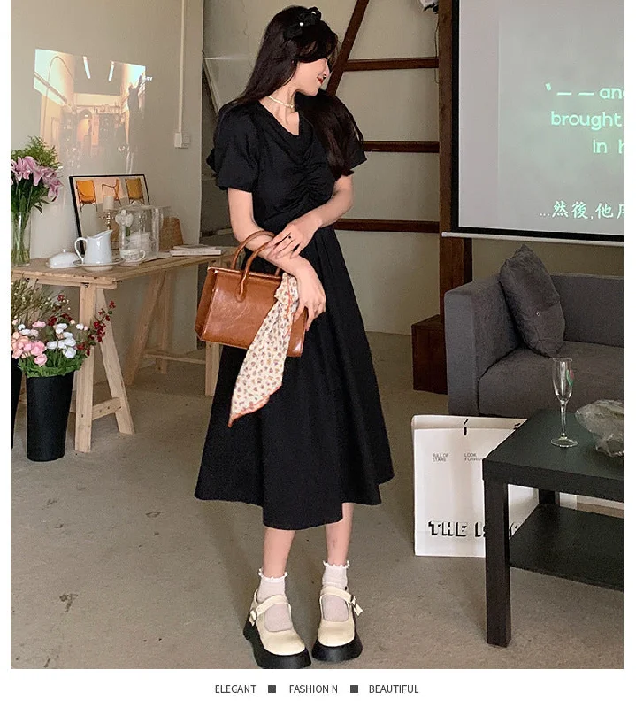 NiDELL Summer Backless Girlish Style Korean Style Puff Sleeve Dress Women's . New Break Skirt Back Hollow Bow