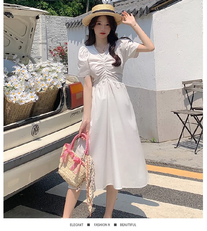 NiDELL Summer Backless Girlish Style Korean Style Puff Sleeve Dress Women's . New Break Skirt Back Hollow Bow