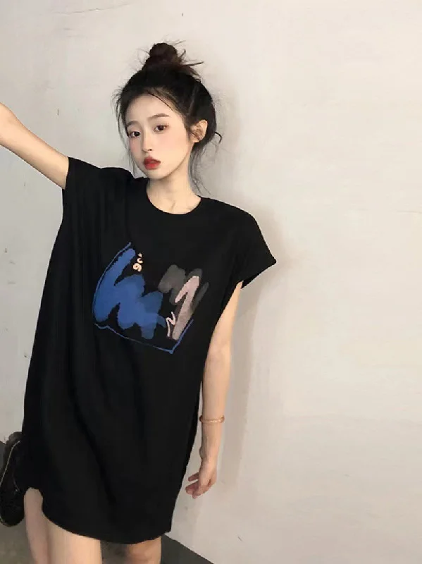 NiDELL Summer Korean Style Fresh Sleeveless Mid-Length Cotton Dress Loose and Simple Printed T-shirt Women's Fashionable Outer Wear