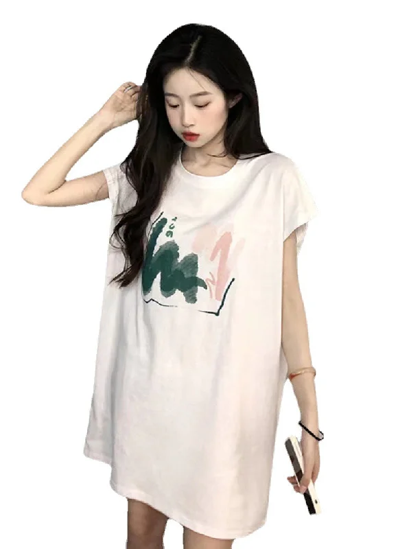 NiDELL Summer Korean Style Fresh Sleeveless Mid-Length Cotton Dress Loose and Simple Printed T-shirt Women's Fashionable Outer Wear