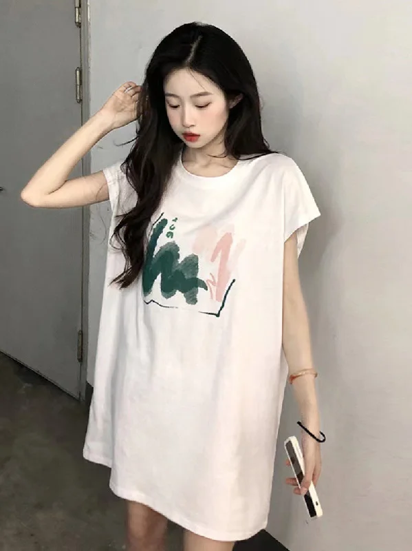 NiDELL Summer Korean Style Fresh Sleeveless Mid-Length Cotton Dress Loose and Simple Printed T-shirt Women's Fashionable Outer Wear