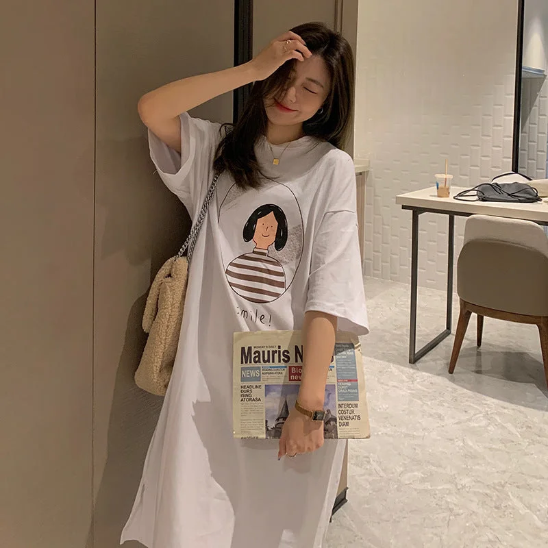 NiDELL . Summer New Korean Style Fun Portrait Printing Long Dress Women's Casual Short Sleeve T-shirt Skirt Top Fashion