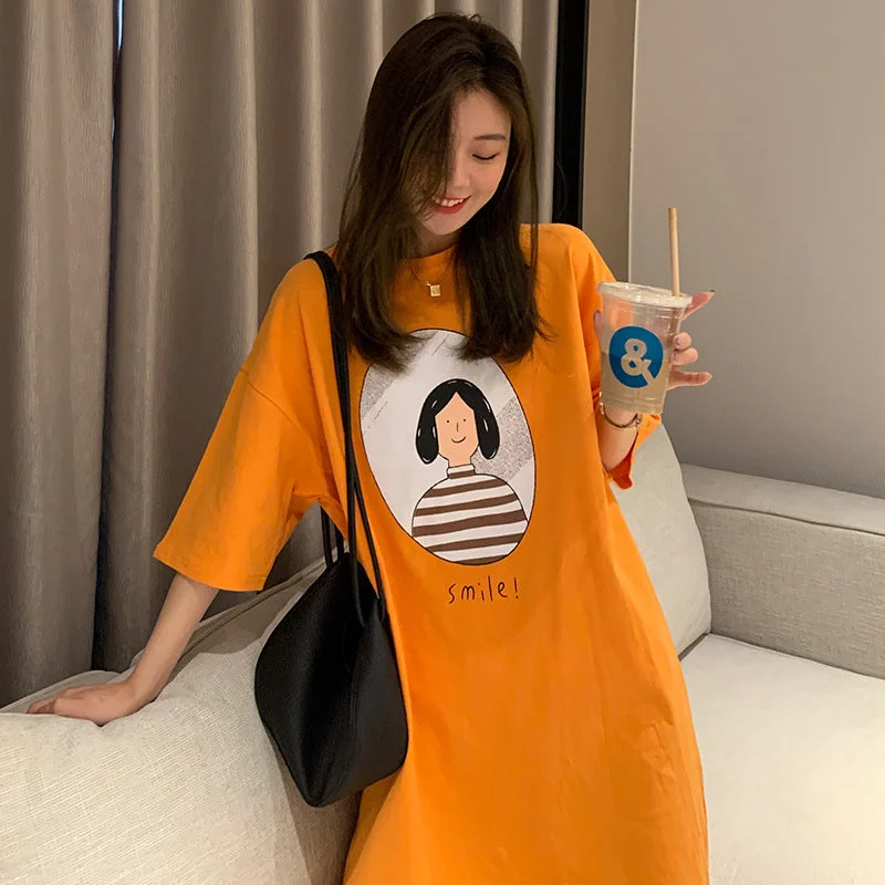 NiDELL . Summer New Korean Style Fun Portrait Printing Long Dress Women's Casual Short Sleeve T-shirt Skirt Top Fashion