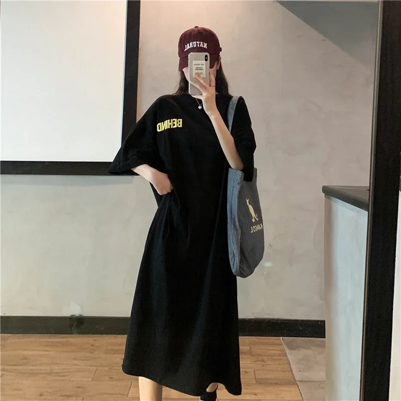 NiDELL . Summer New Korean Style round Neck Letter Print Loose Large Size Short Sleeve T-shirt Skirt over-the-Knee Dress Long Skirt