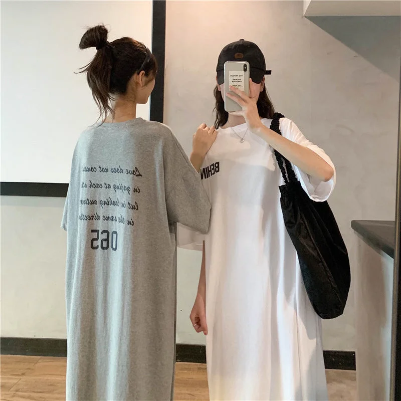 NiDELL . Summer New Korean Style round Neck Letter Print Loose Large Size Short Sleeve T-shirt Skirt over-the-Knee Dress Long Skirt