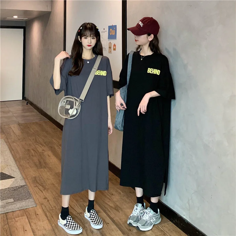 NiDELL . Summer New Korean Style round Neck Letter Print Loose Large Size Short Sleeve T-shirt Skirt over-the-Knee Dress Long Skirt