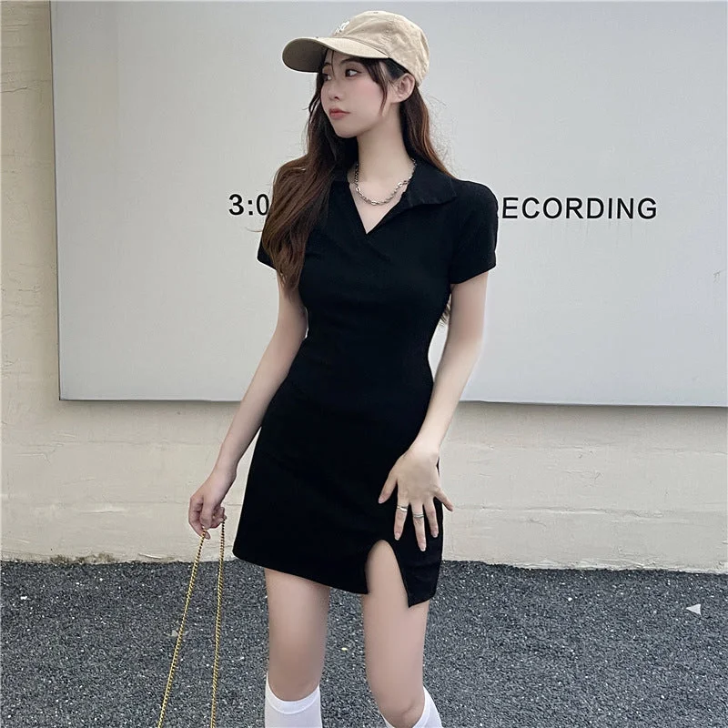 NiDELL . Summer New Korean Style Slim Fit Tight Waist Cotton Elastic Hip Dress Women's Short Sleeve V-neck Black Dress Fashion