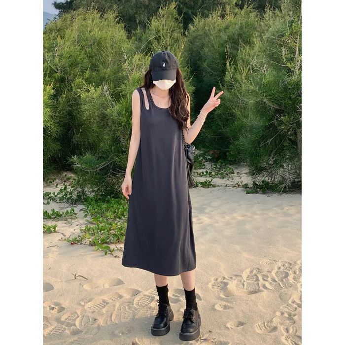 NiDELL Summer New Style Fat Mm. Large Size Women's Clothing Korean-Style off-Shoulder a-Version Slimming Wild Vest Mid-Length Dress