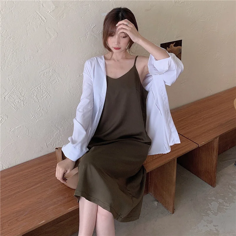 NiDELL . Summer New Women's Simple Solid Color Lightly Mature V-neck Skirt with Shoulder Straps Women's Loose Slim Fit Long Dress