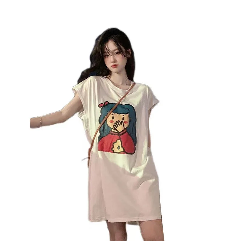 NiDELL Summer Short Sleeve Mid-Length Sleeveless Printed Cartoon T-shirt Skirt Women's Large Size Loose Casual Simple and Fresh Ins Fashion