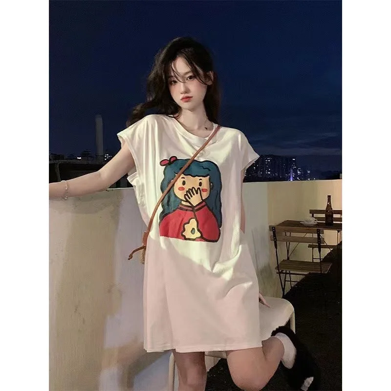 NiDELL Summer Short Sleeve Mid-Length Sleeveless Printed Cartoon T-shirt Skirt Women's Large Size Loose Casual Simple and Fresh Ins Fashion