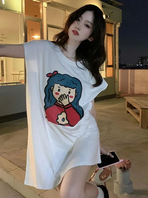 NiDELL Summer Short Sleeve Mid-Length Sleeveless Printed Cartoon T-shirt Skirt Women's Large Size Loose Casual Simple and Fresh Ins Fashion