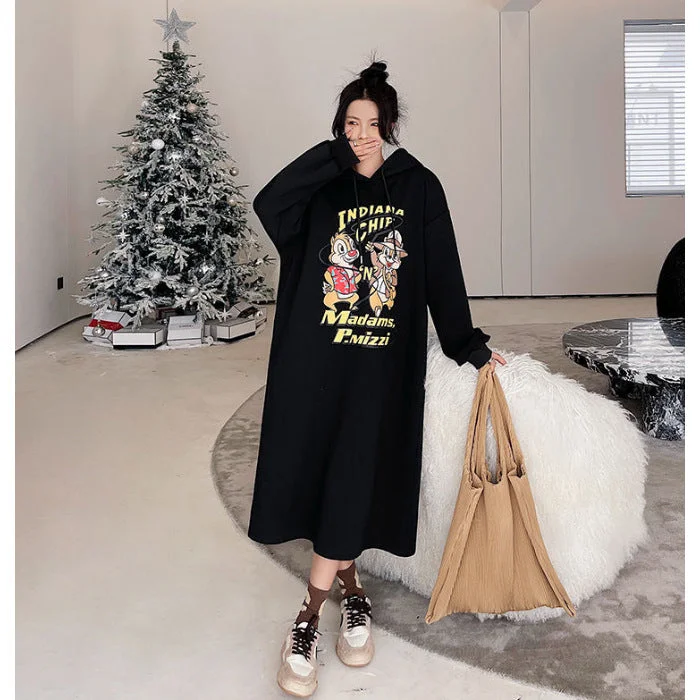 NiDELL Winter Fleece-Lined Korean Style Fleece-Lined Thick Loose Pocket Sweatshirt Long Dress Split Hooded Dress Double Hood Women's Fashion