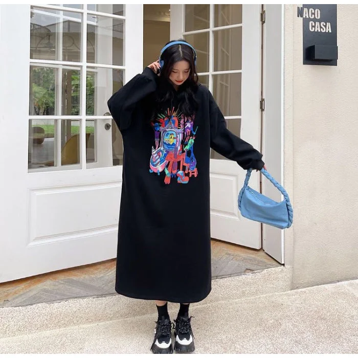 NiDELL Winter Fleece-Lined Korean Style Large Size Loose Simple Sweater Long Dress with Pockets Split Hooded Dress Double Hat Women's Fashion