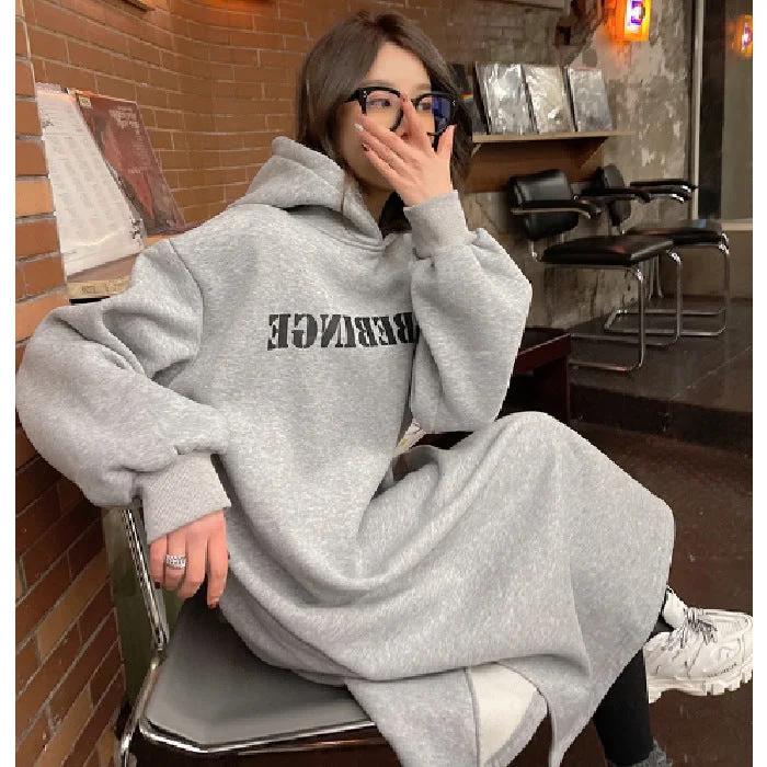 NiDELL Winter Fleece-Lined Korean Style Sweater Dress Loose Casual Simple Split Hooded Dress with Pockets Double Hood Women's Fashion