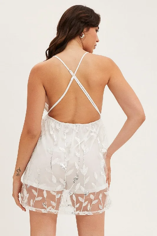 Silver Skater Sequin Dress Backless V Neck