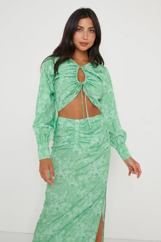 Bec Drawstring Top - Green Abstract Floral