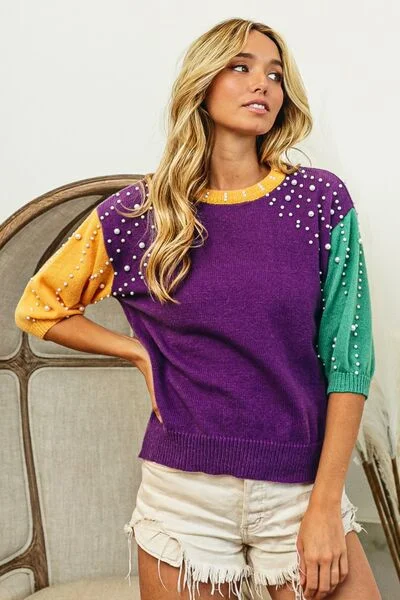 bibi-color-block-pearl-detail-round-neck-sweater