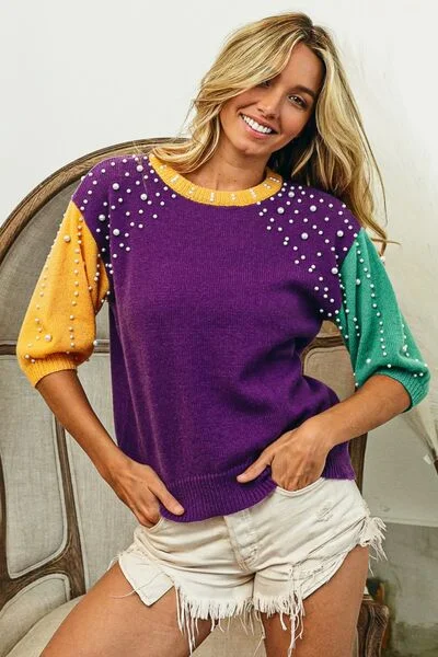 bibi-color-block-pearl-detail-round-neck-sweater