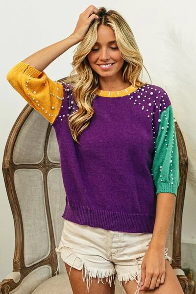 bibi-color-block-pearl-detail-round-neck-sweater